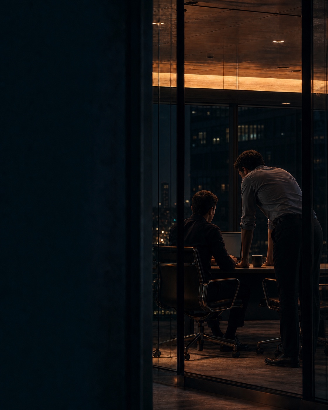 Two colleagues working together over a laptop in a city office late at night
